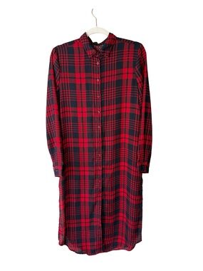 Red and Black Plaid Button-Front Tunic Shirt Dress Size S or M Lightweight